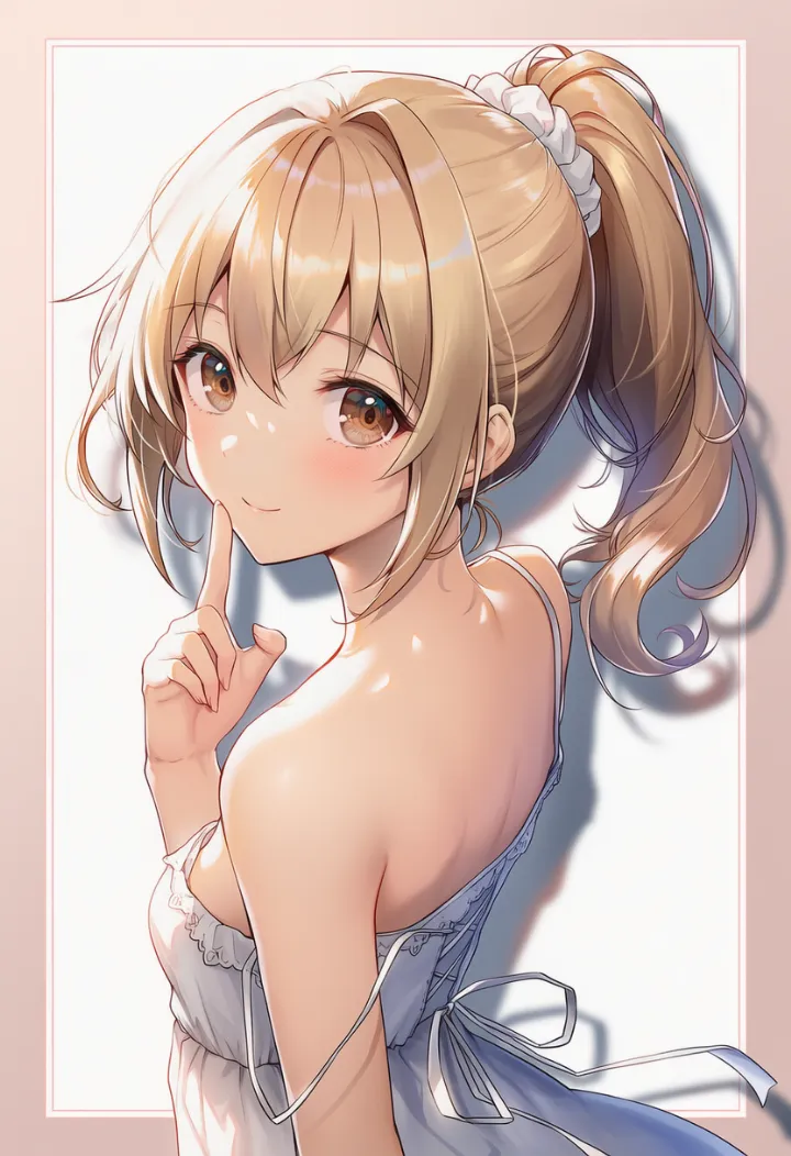 肩紐をずらして後ろを振り返り指を口元に添える女性のあざといポーズ