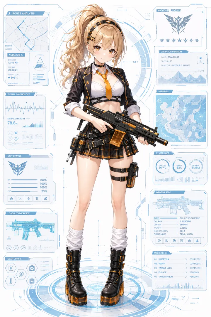 AIイラスト版｜黒ブレザーと白シャツ、黒チェックのプリーツミニスカートを合わせたタクティカルファッション
