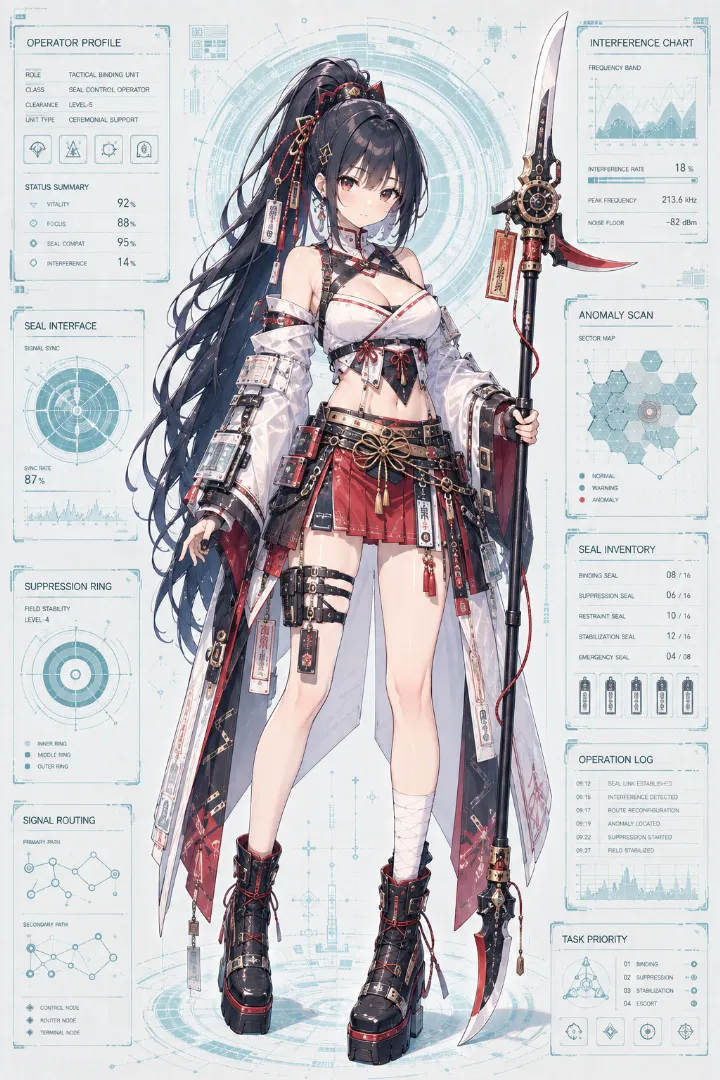 AIイラスト版｜白赤の巫女風トップスと朱色の袴風ミニスカートを着た武装少女
