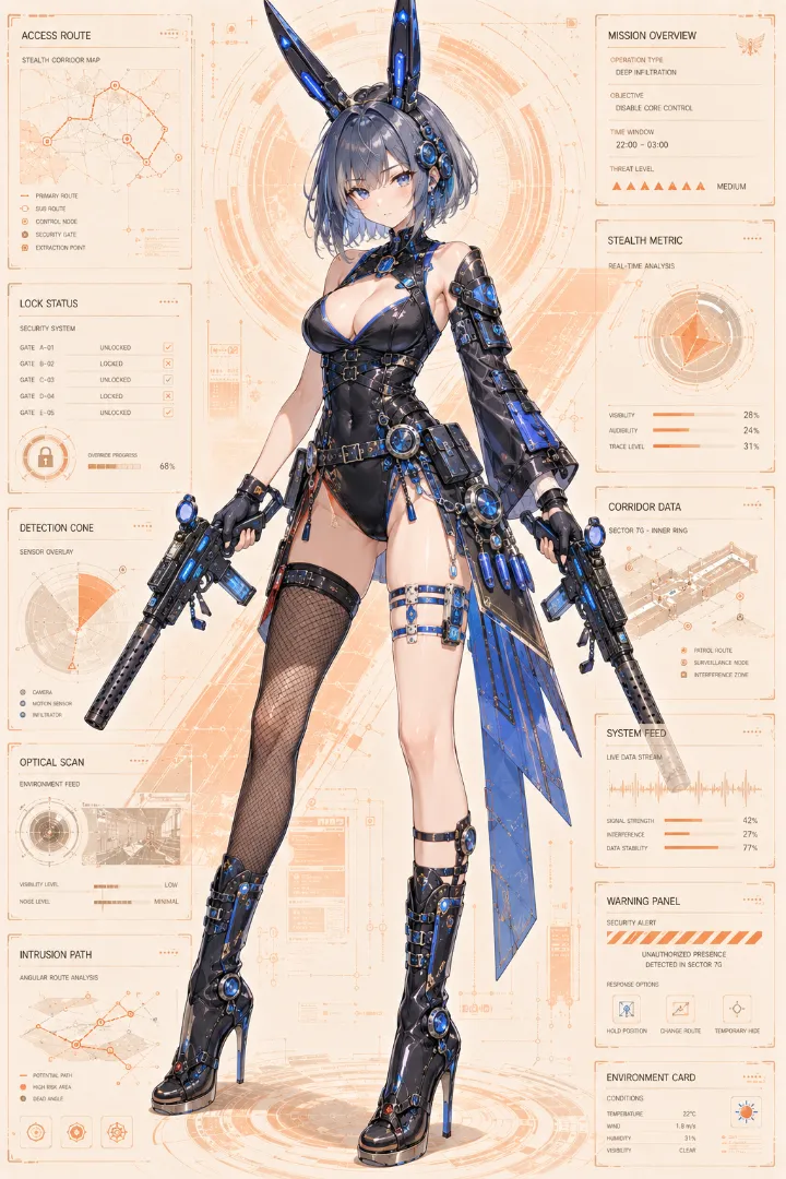 AIイラスト版｜黒と青のバニー風ボディスーツに装備を組み合わせた武装少女