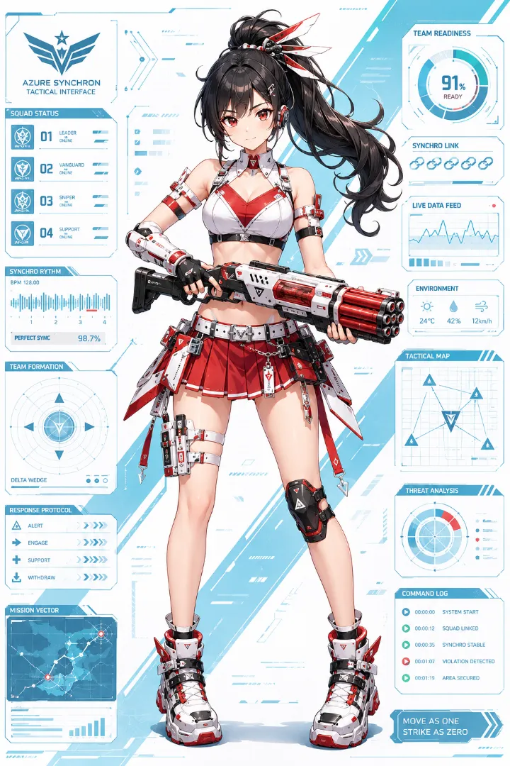 AIイラスト版｜白赤のチア衣装にタクティカル装備を組み合わせた武装少女