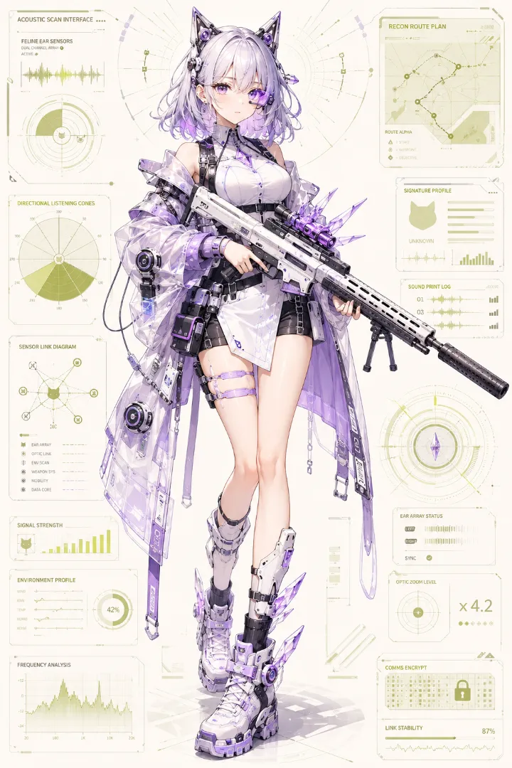 AIイラスト版｜白のタクティカルトップと半透明ラベンダージャケット、白ミニスカートを着た武装少女
