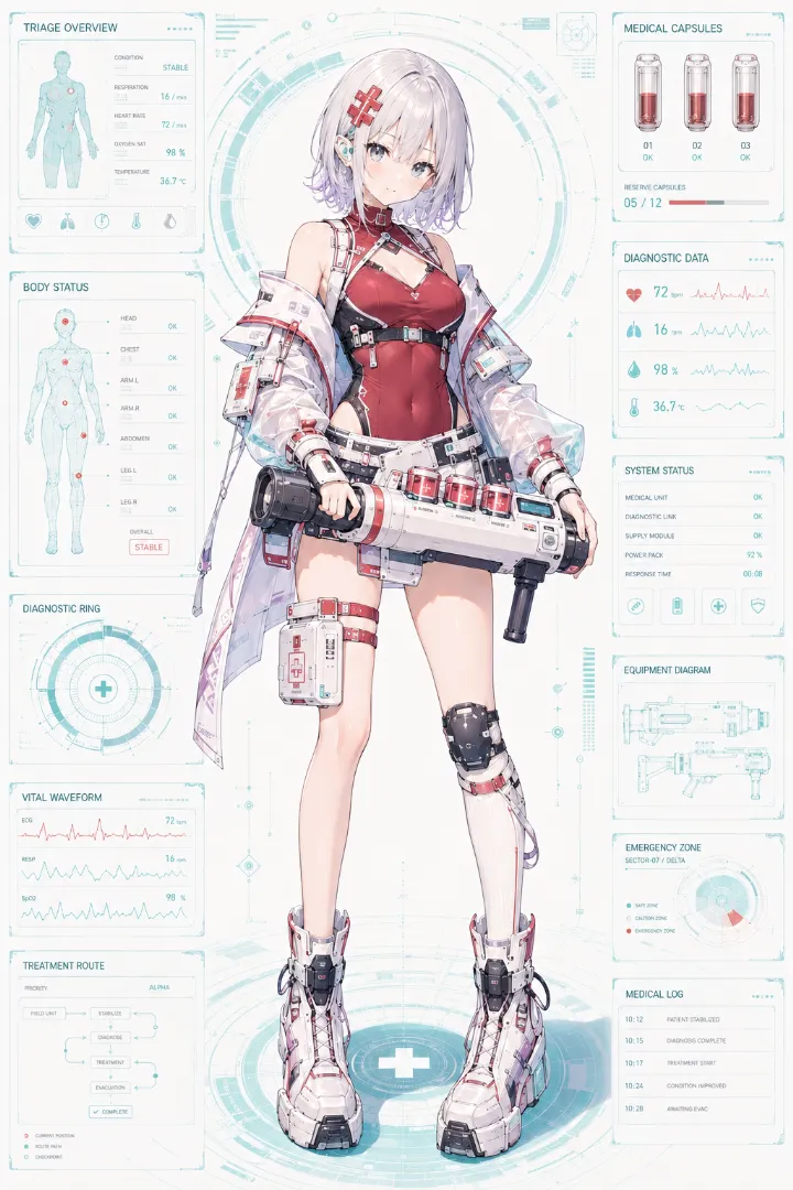 AIイラスト版｜深赤のボディスーツと白いレスキュージャケットを組み合わせた医療系タクティカルファッション