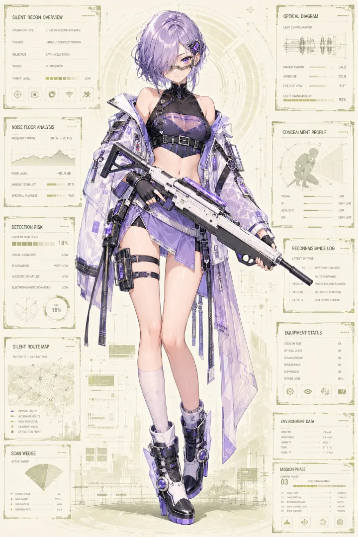 AIイラスト版｜黒の片肩トップスと白紫ジャケット、ラベンダーのミニスカートを着た武装少女