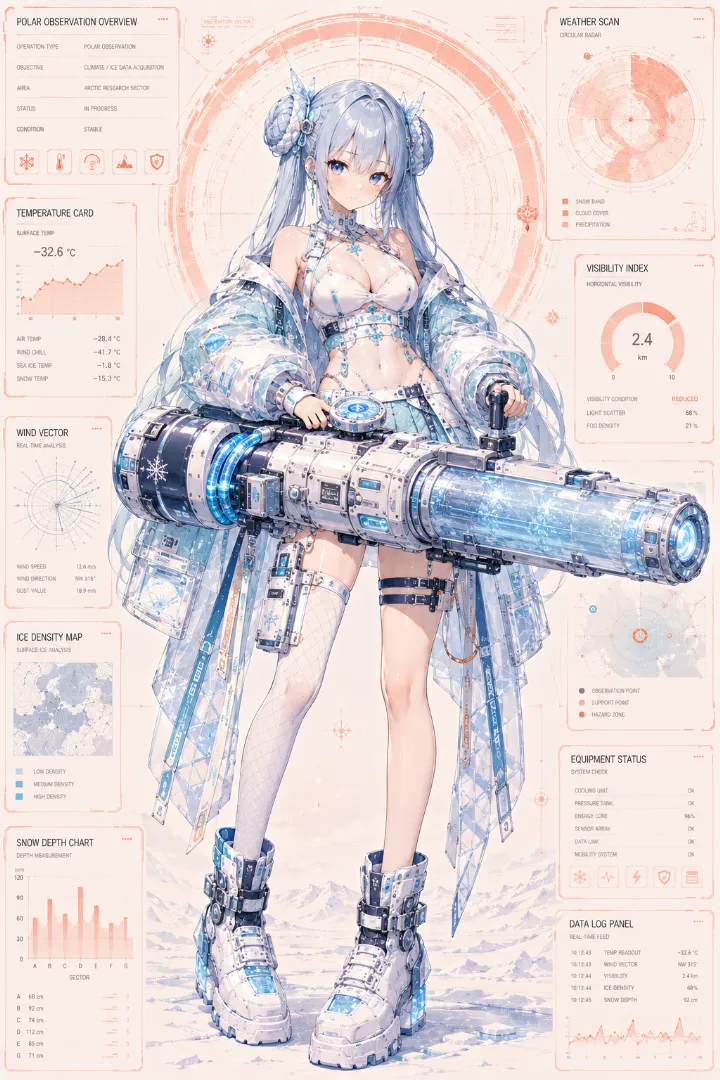 AIイラスト版｜白の防寒ボディスーツと淡青のキルトミニスカートを着た極地仕様の武装少女