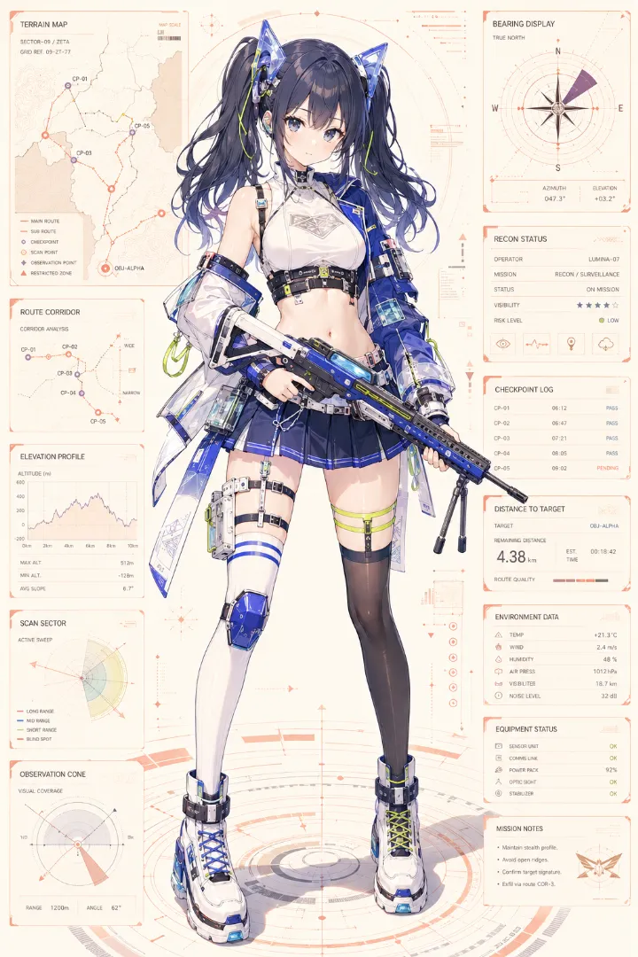 AIイラスト版｜アイボリーのクロップトップと青い片肩ジャケット、紺プリーツミニスカートのタクティカルファッション