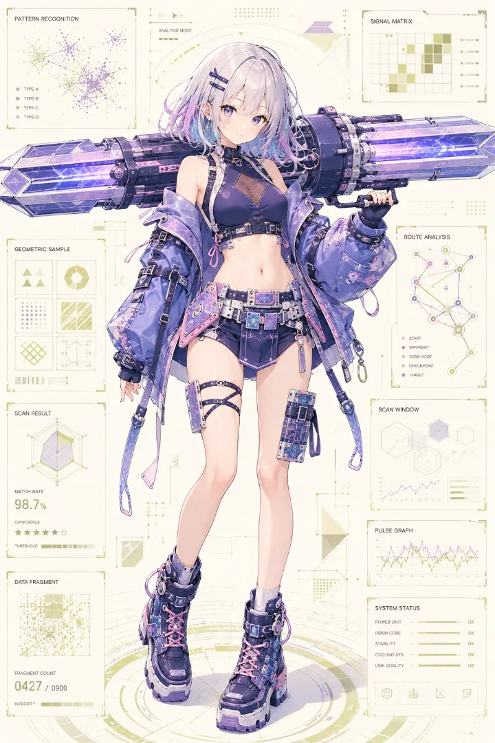 AIイラスト版｜インディゴのホルタートップと大型ジャケット、ショートパンツを合わせたSF系タクティカルファッション