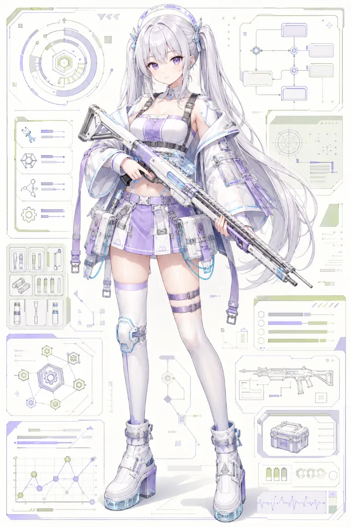 AIイラスト版｜白のスクエアネックトップとケープ袖、ラベンダーのプリーツミニスカートのタクティカルファッション