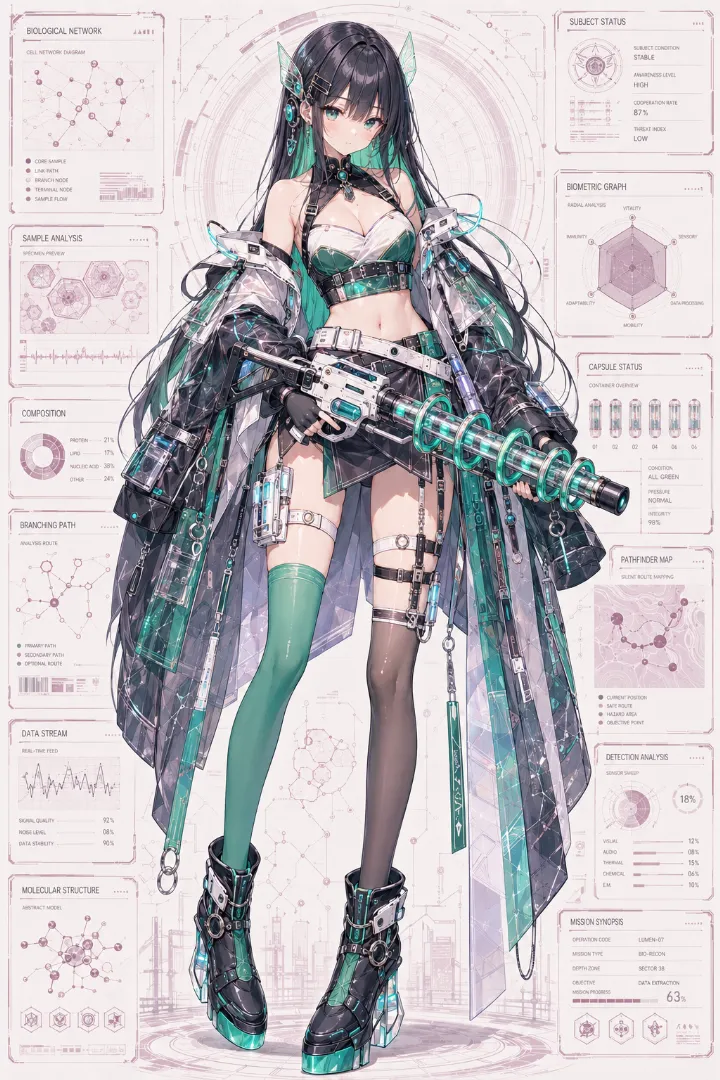 AIイラスト版｜白オフショルダートップと透け感のある黒コート、黒ミニスカートを着た武装少女