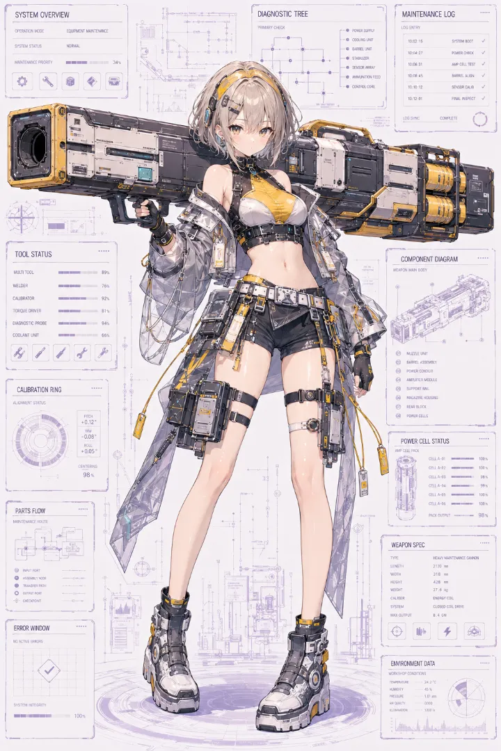 AIイラスト版｜マスタード色のクロップトップとグレーの作業ジャケット、黒ショートパンツのタクティカルファッション