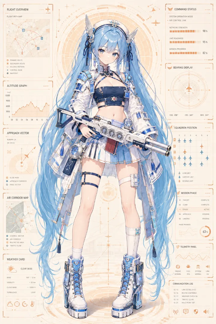 AIイラスト版｜紺クロップトップと白ジャケット、白と水色のプリーツミニスカートを着た武装少女