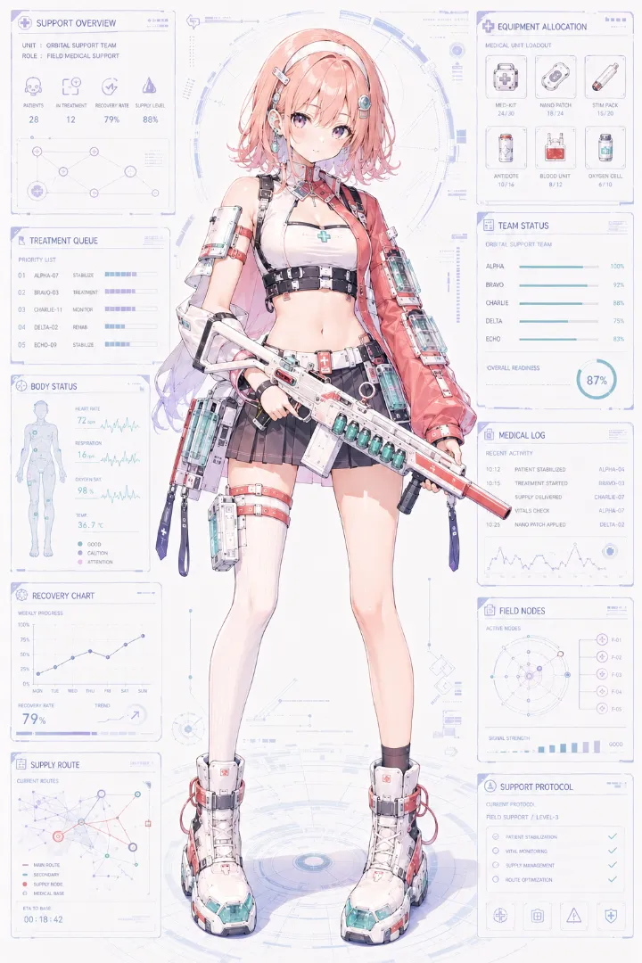 AIイラスト版｜白クロップトップとコーラル色のレスキュージャケット、グレーミニスカートのタクティカルファッション