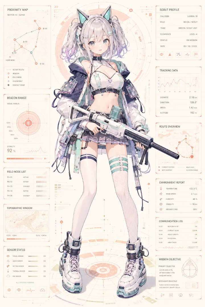 AIイラスト版｜ミント色のビスチェと紺ケープ、グレーのプリーツミニスカートを合わせたタクティカルファッション
