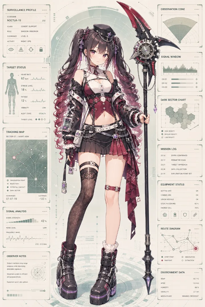 AIイラスト版｜アイボリーのブラウスとワイン色コルセット、黒プリーツミニスカートのゴシック系タクティカルファッション