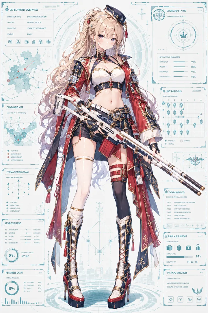 AIイラスト版｜白ビスチェと深紅の士官ジャケット、紺ショートパンツを着た武装少女