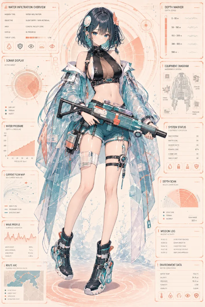 AIイラスト版｜黒ホルタートップとアクア色の防水ボレロ、ショートパンツのタクティカルファッション