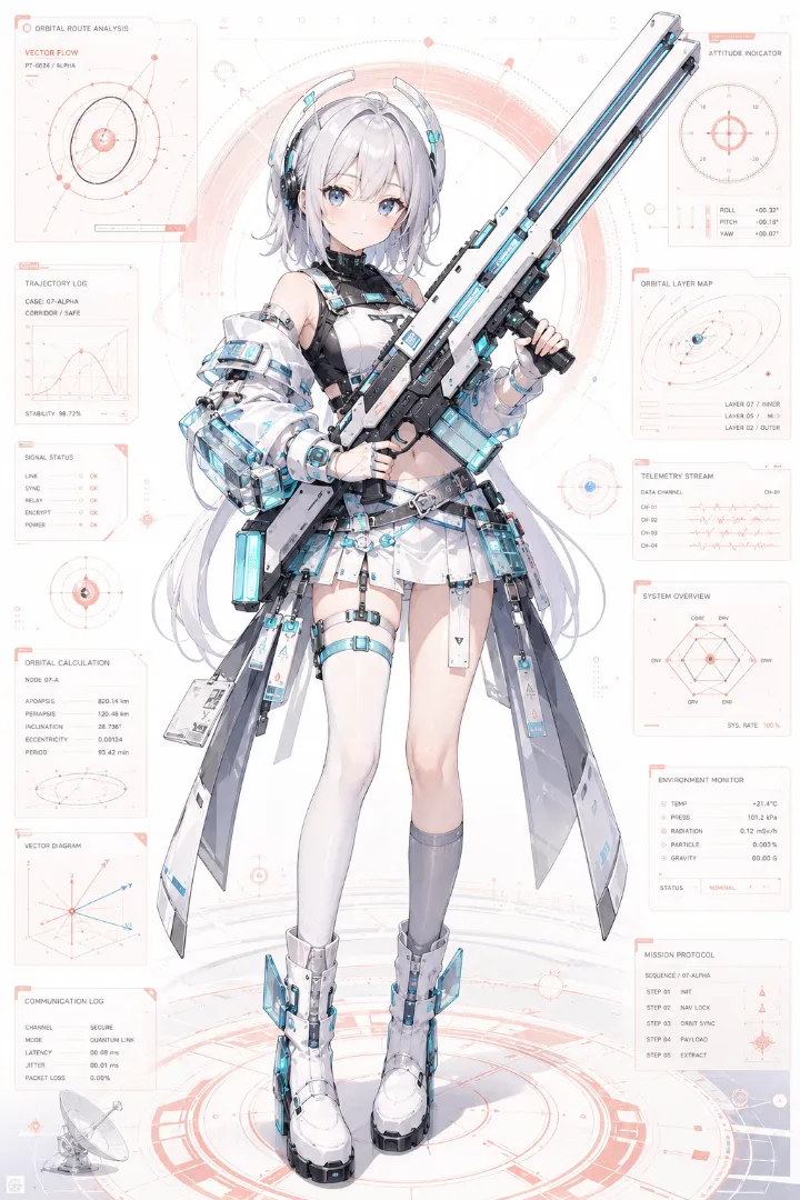 AIイラスト版｜黒ノースリーブトップと白の装甲パーツ、白ミニスカートを着たSF系武装少女