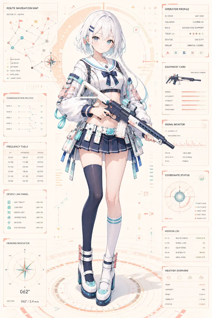 AIイラスト版｜白いセーラートップと紺のプリーツミニスカートを合わせたタクティカルファッション