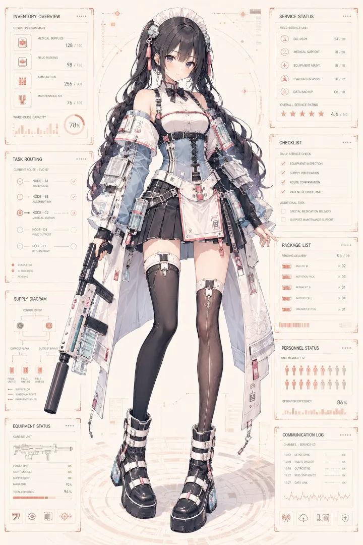 AIイラスト版｜アイボリーのメイド服に水色コルセットと装備を組み合わせたタクティカルメイド