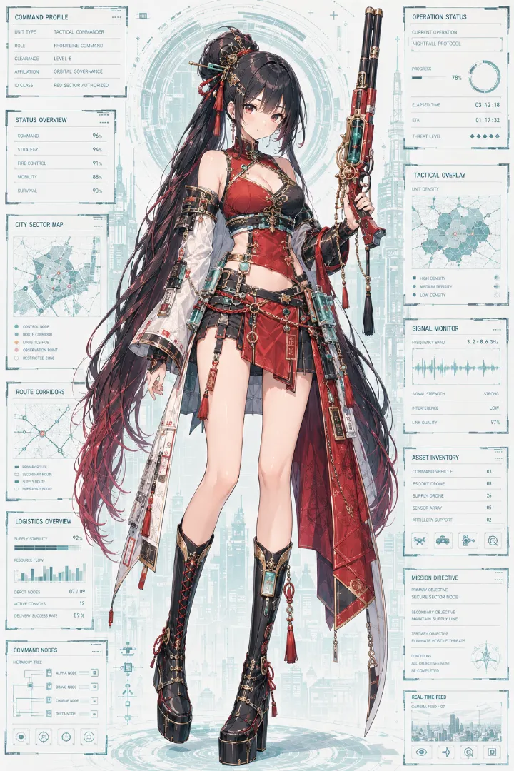 AIイラスト版｜朱色のチャイナ風トップスと黒ショートパンツ、朱色ラップスカートのタクティカルファッション