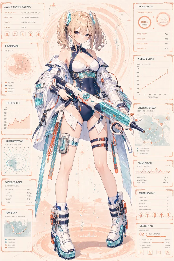 AIイラスト版｜紺のワンピース水着と白ジャケットを組み合わせたタクティカルスイムスーツ