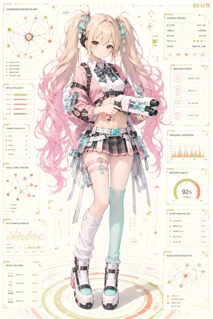 AIイラスト版｜ピンクカーディガンと白シャツ、ピンクチェックのミニスカートを着た武装少女