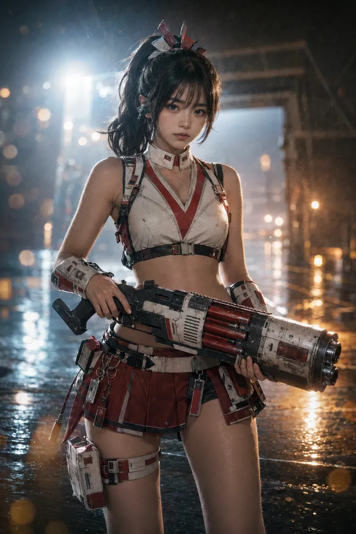 実写AI美女版｜白赤のチア衣装にタクティカル装備を組み合わせた武装少女