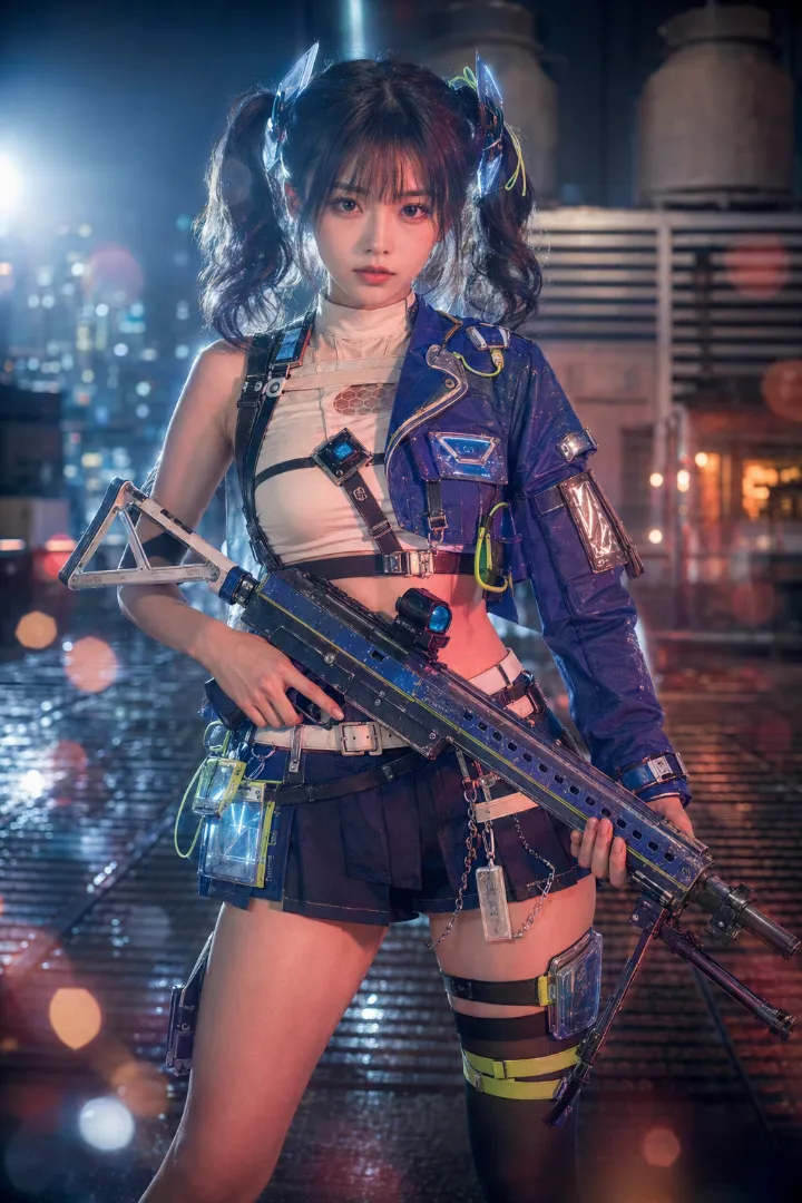 実写AI美女版｜アイボリーのクロップトップと青い片肩ジャケット、紺プリーツミニスカートのタクティカルファッション