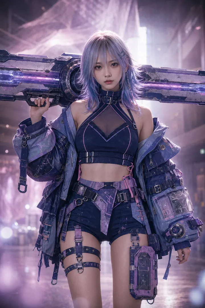 実写AI美女版｜インディゴのホルタートップと大型ジャケット、ショートパンツを合わせたSF系タクティカルファッション