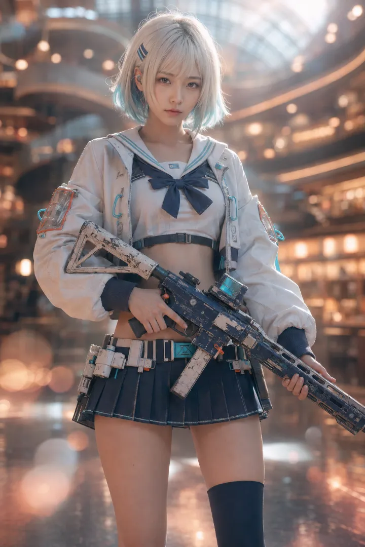 実写AI美女版｜白いセーラートップと紺のプリーツミニスカートを合わせたタクティカルファッション