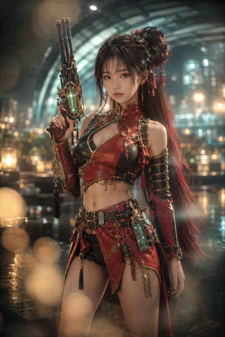 実写AI美女版｜朱色のチャイナ風トップスと黒ショートパンツ、朱色ラップスカートのタクティカルファッション
