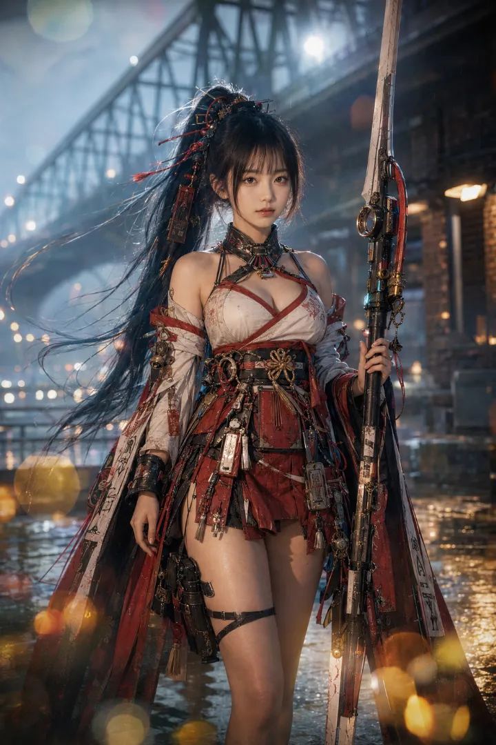 実写AI美女版｜白赤の巫女風トップスと朱色の袴風ミニスカートを着た武装少女