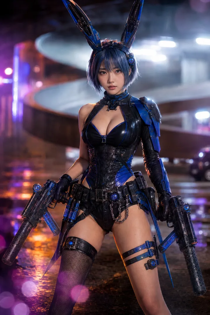 実写AI美女版｜黒と青のバニー風ボディスーツに装備を組み合わせた武装少女