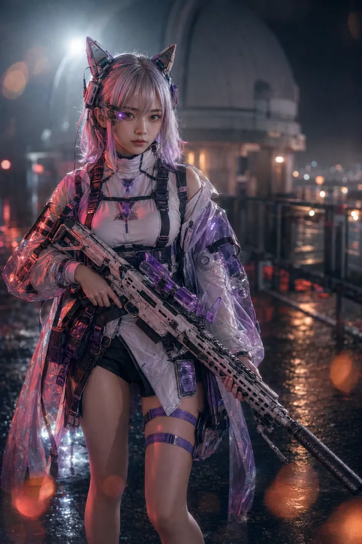 実写AI美女版｜白のタクティカルトップと半透明ラベンダージャケット、白ミニスカートを着た武装少女
