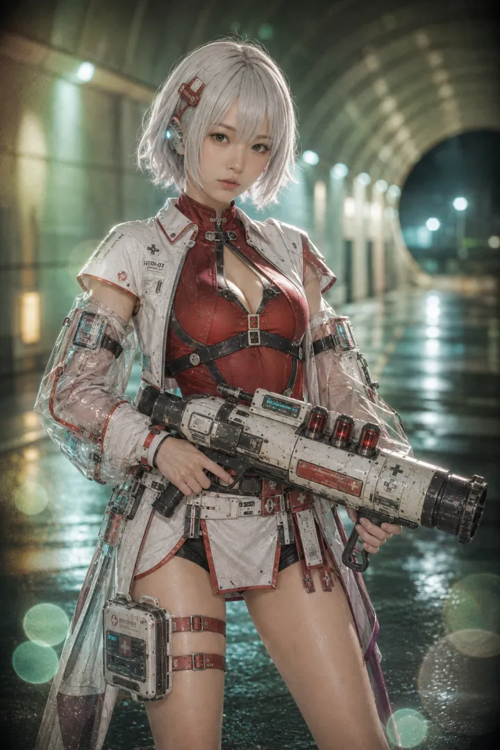 実写AI美女版｜深赤のボディスーツと白いレスキュージャケットを組み合わせた医療系タクティカルファッション