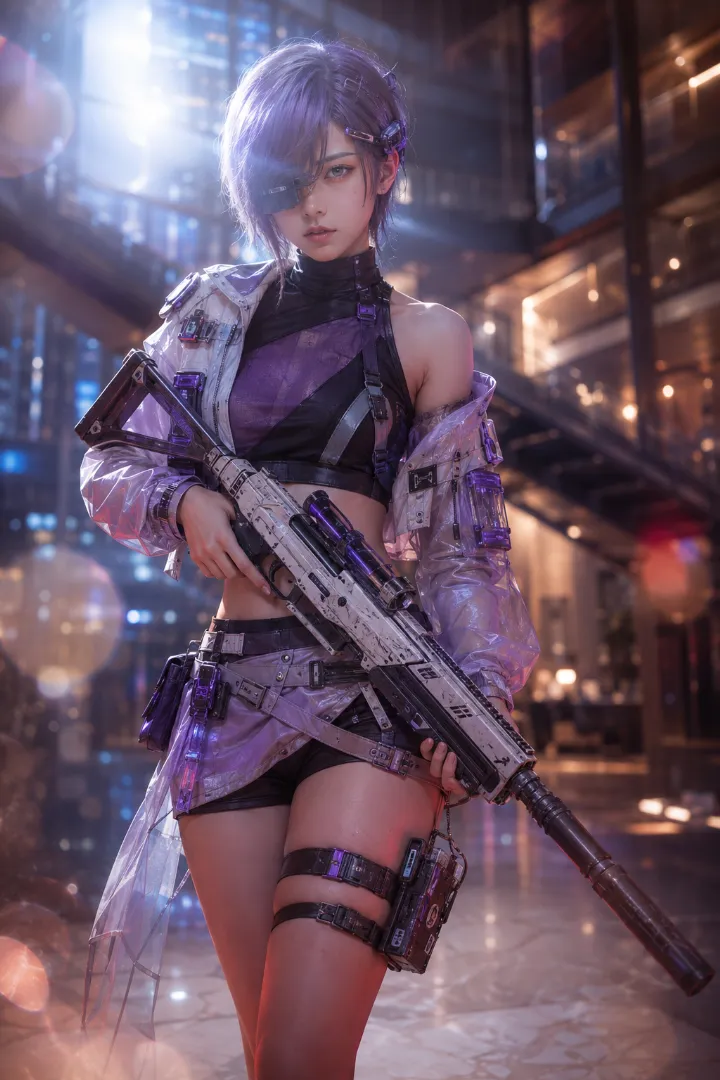 実写AI美女版｜黒の片肩トップスと白紫ジャケット、ラベンダーのミニスカートを着た武装少女