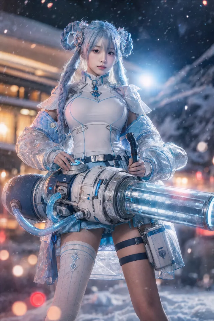 実写AI美女版｜白の防寒ボディスーツと淡青のキルトミニスカートを着た極地仕様の武装少女