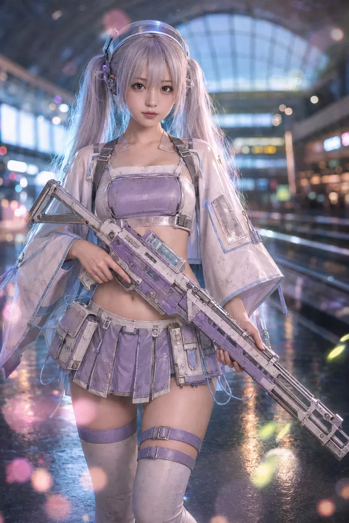 実写AI美女版｜白のスクエアネックトップとケープ袖、ラベンダーのプリーツミニスカートのタクティカルファッション