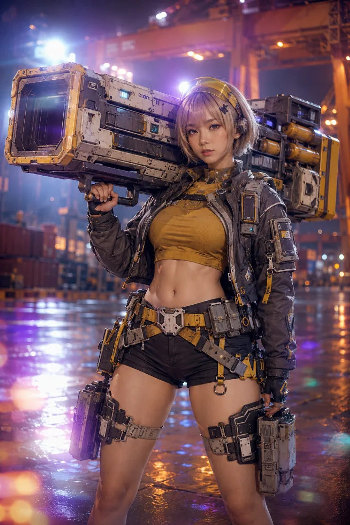 実写AI美女版｜マスタード色のクロップトップとグレーの作業ジャケット、黒ショートパンツのタクティカルファッション