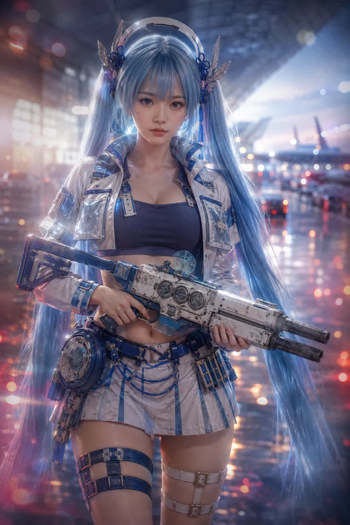実写AI美女版｜紺クロップトップと白ジャケット、白と水色のプリーツミニスカートを着た武装少女
