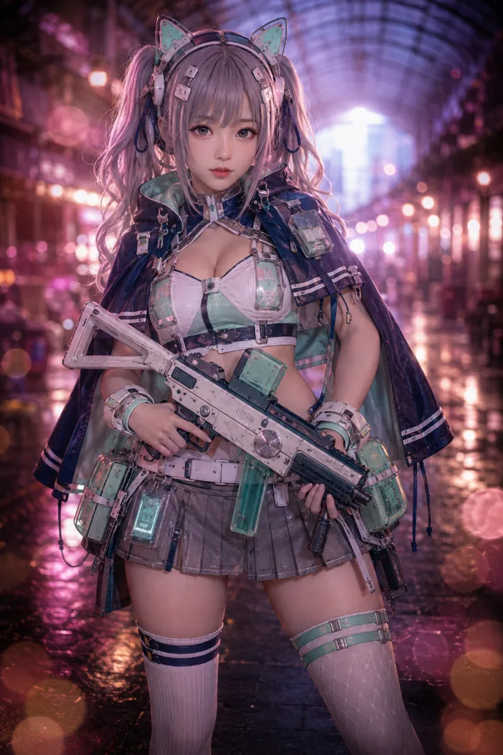 実写AI美女版｜ミント色のビスチェと紺ケープ、グレーのプリーツミニスカートを合わせたタクティカルファッション