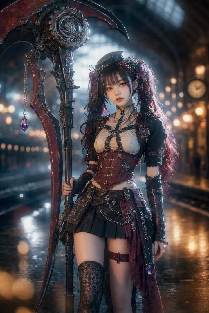 実写AI美女版｜アイボリーのブラウスとワイン色コルセット、黒プリーツミニスカートのゴシック系タクティカルファッション