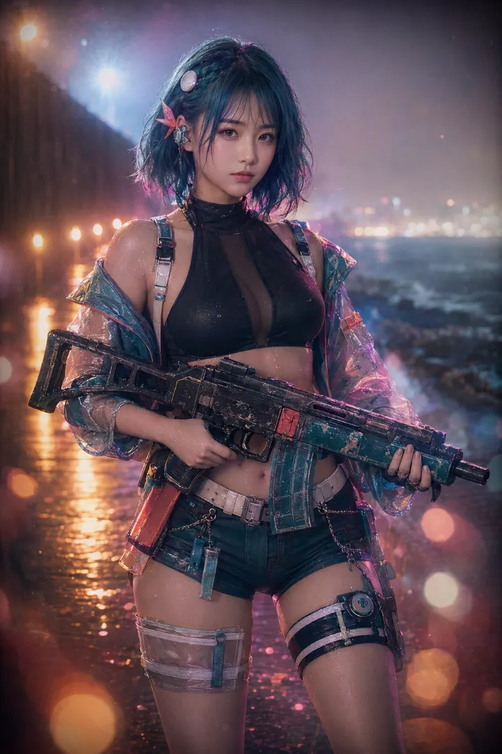 実写AI美女版｜黒ホルタートップとアクア色の防水ボレロ、ショートパンツのタクティカルファッション