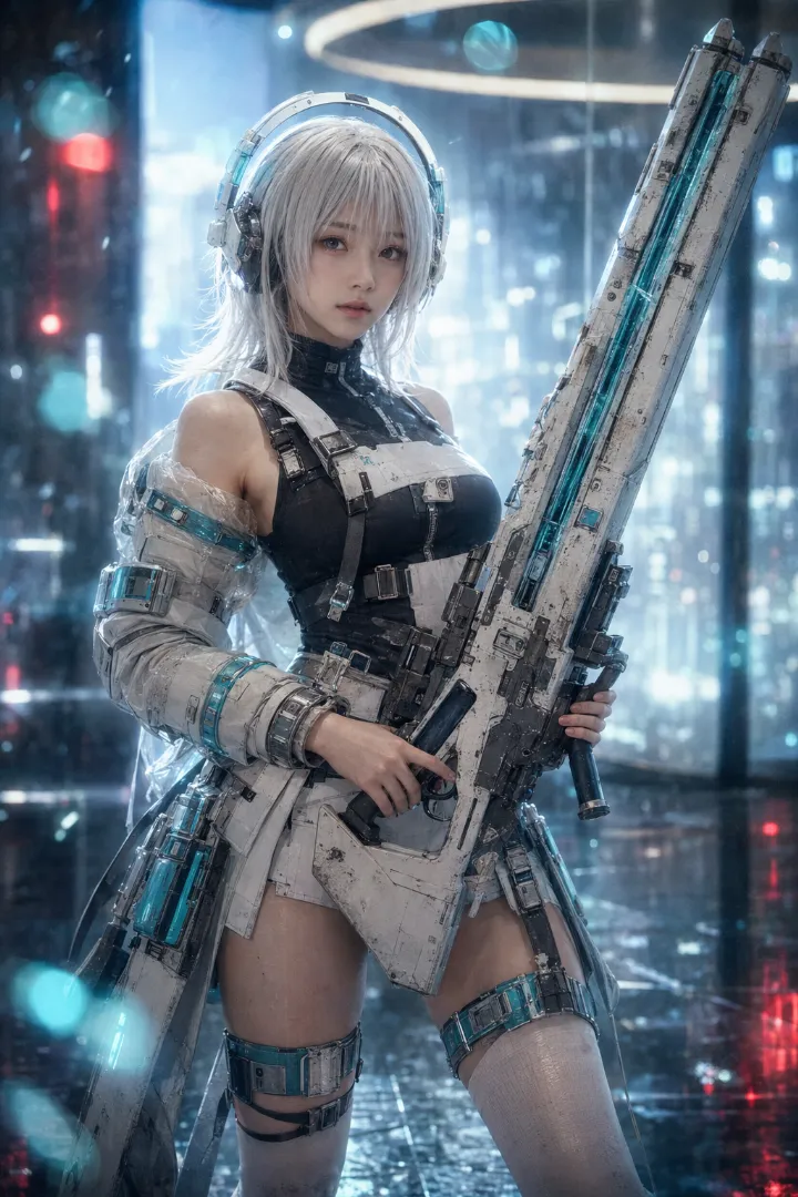 実写AI美女版｜黒ノースリーブトップと白の装甲パーツ、白ミニスカートを着たSF系武装少女