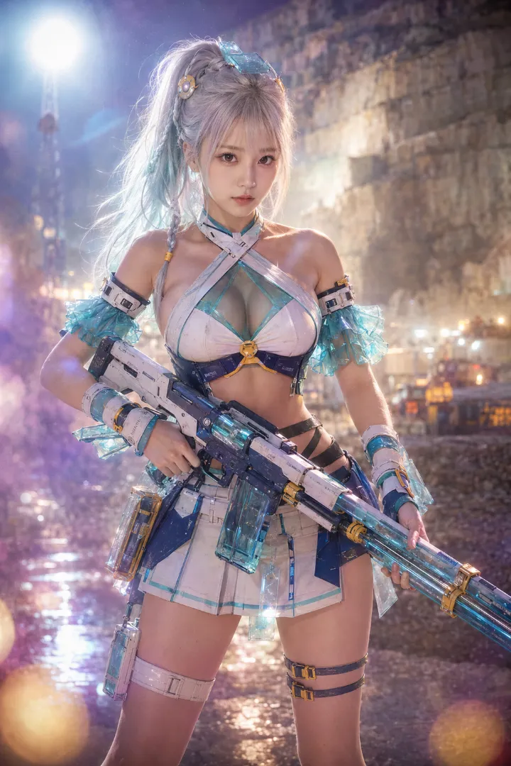 実写AI美女版｜白とシアンのチア衣装にタクティカル装備を組み合わせた武装少女