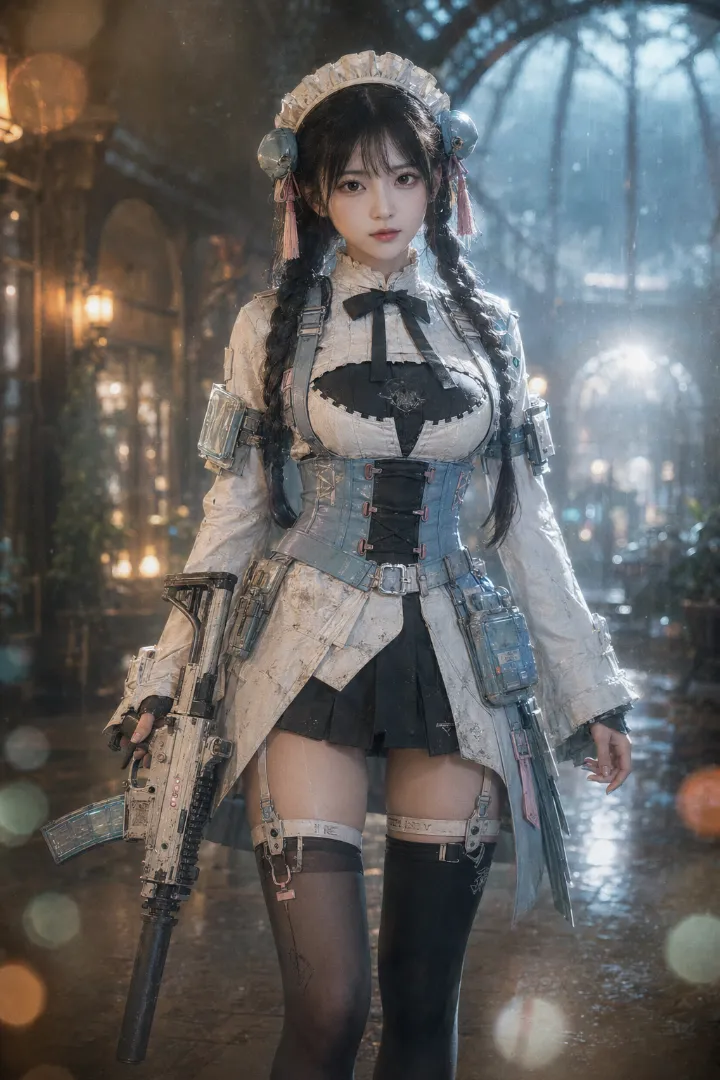 実写AI美女版｜アイボリーのメイド服に水色コルセットと装備を組み合わせたタクティカルメイド