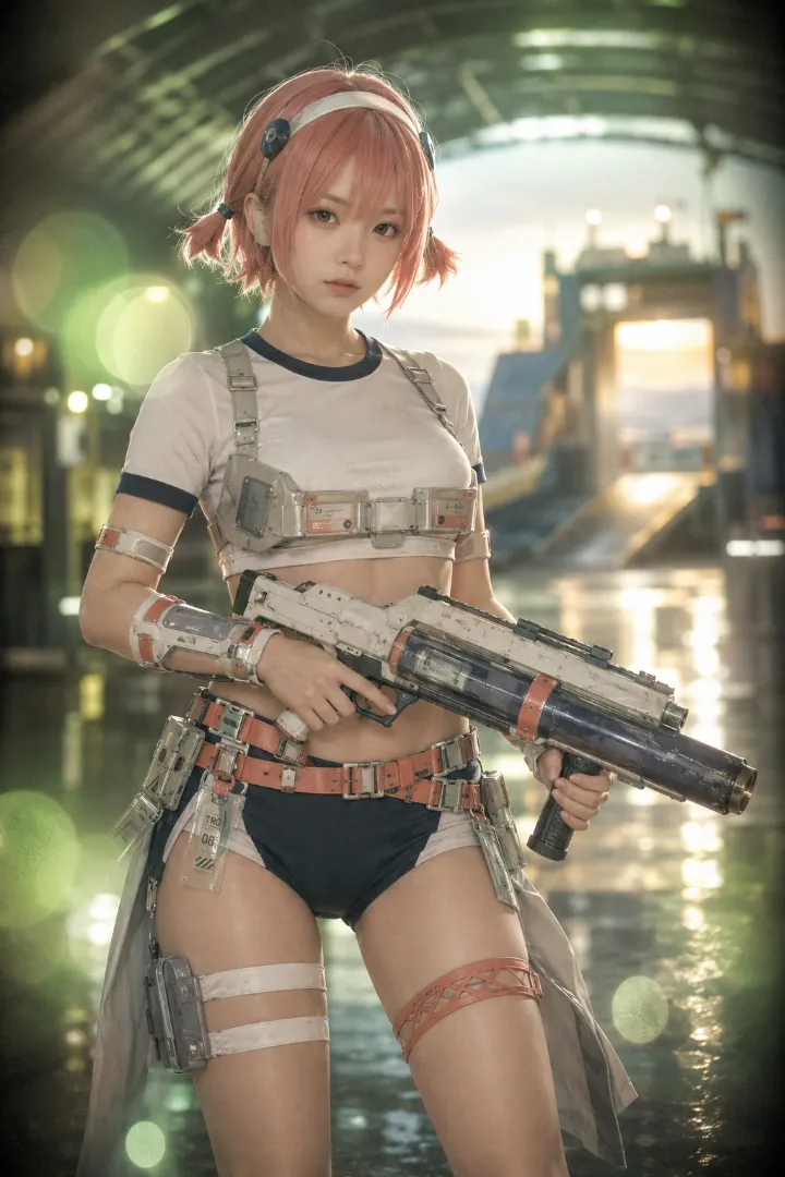 実写AI美女版｜白クロップTシャツと紺ショートパンツを合わせたスポーティーなタクティカルファッション