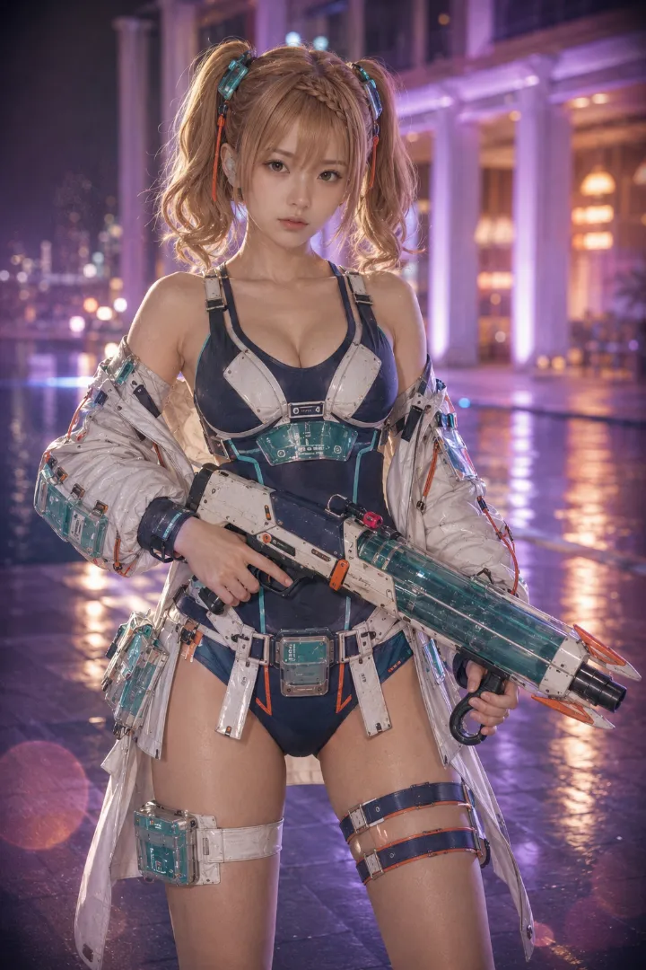 実写AI美女版｜紺のワンピース水着と白ジャケットを組み合わせたタクティカルスイムスーツ