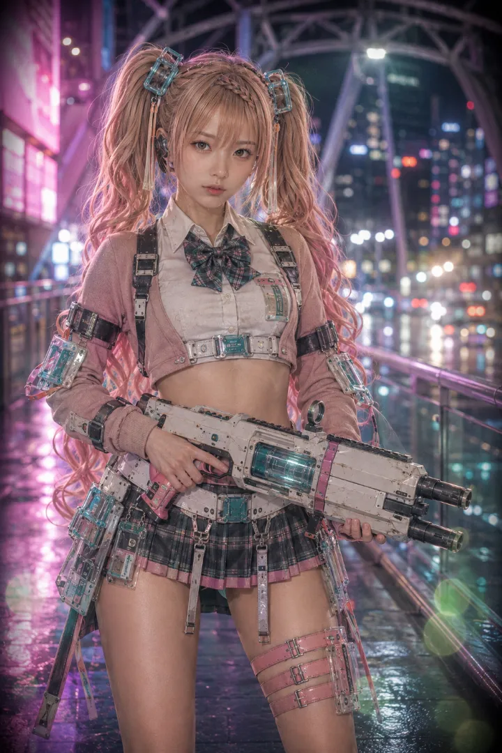 実写AI美女版｜ピンクカーディガンと白シャツ、ピンクチェックのミニスカートを着た武装少女