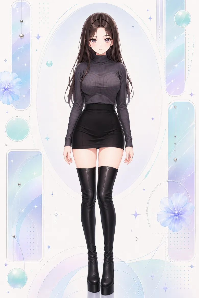 AIイラスト版｜チャコールグレーのリブハイネックニットと黒のハイウエストタイトミニ、黒サイハイブーツのコーデ
